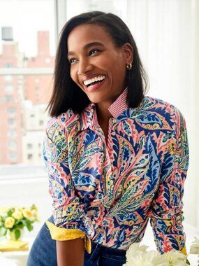 Talbots 100% Cotton Button Front Shirt - Botanical Paisley Size Petite S